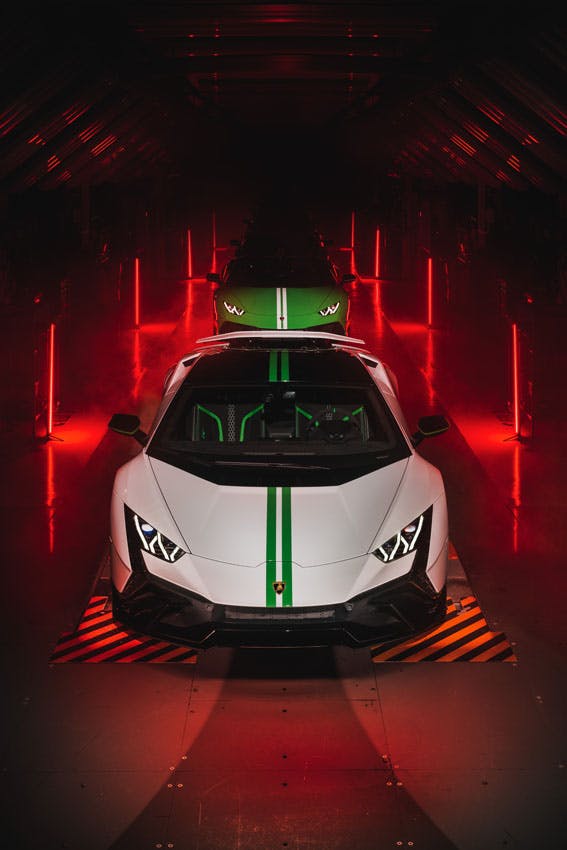 Lamborghini Huracán 60th Anniversary Edition white and green front end red glow