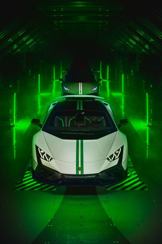 Lamborghini Huracán 60th Anniversary Edition white and green front end car green glow