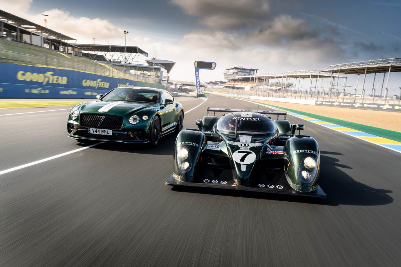 Bentley Continental GT Le Mans Collection and Bentley Speed 8 front end driving on track