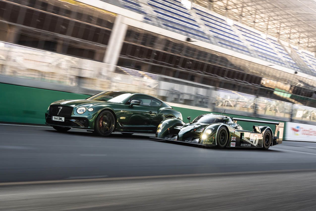 Bentley Continental GT Le Mans Collection and Bentley Speed 8 front three quarter on track