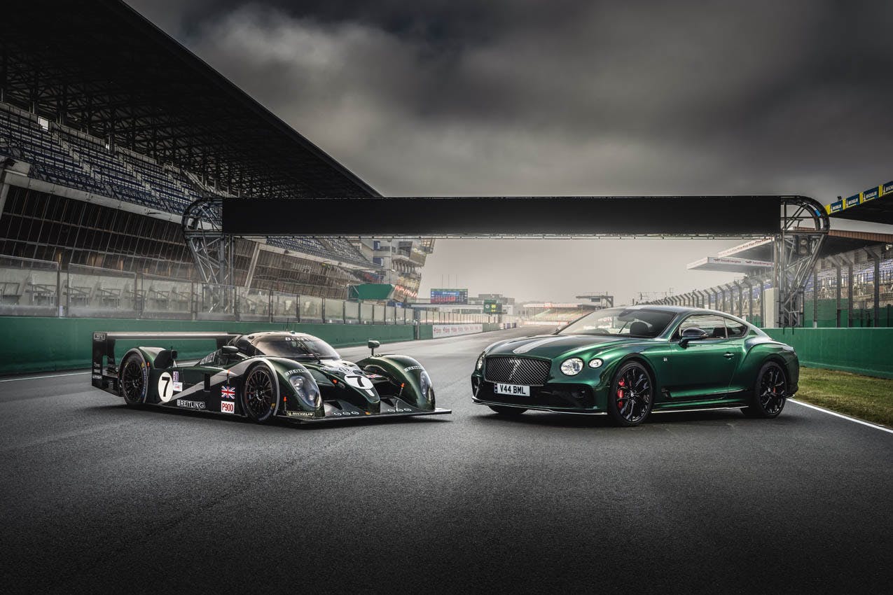 Bentley Continental GT Le Mans Collection and Bentley Speed 8 parked on track