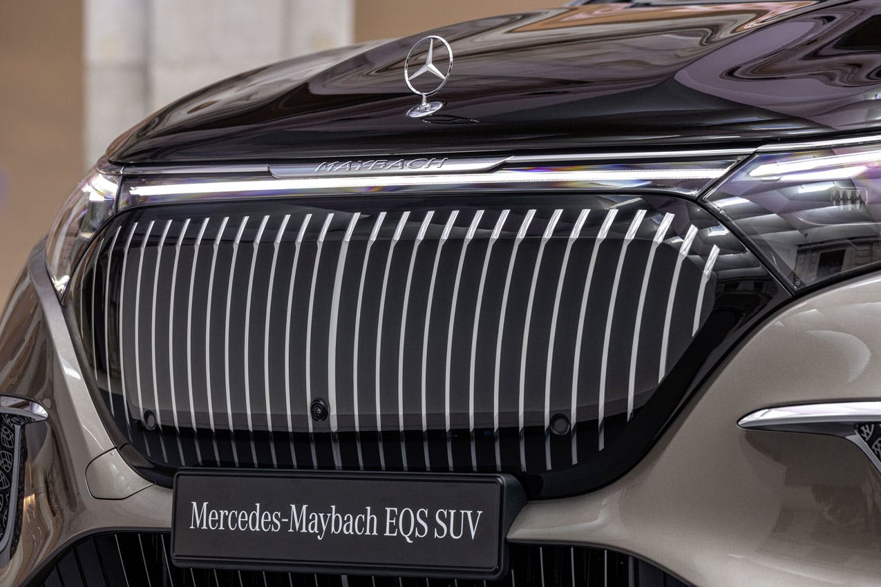 Mercedes-Maybach EQS SUV exterior front grille detail brown