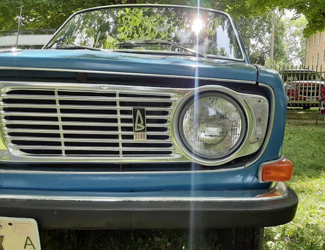 1969 Volvo 144S headlight grille closeup
