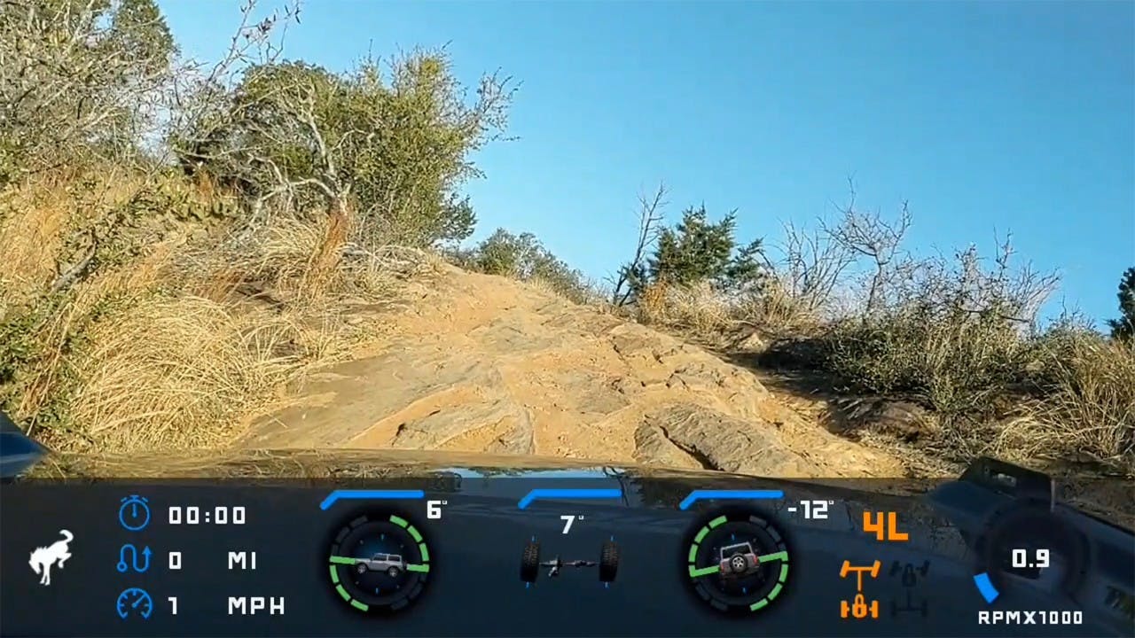 Ford Bronco Trail App recorder view with vehicle data overlay