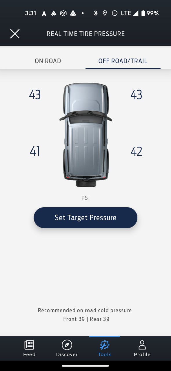 Ford Bronco Trail App real-time tire pressure gauge