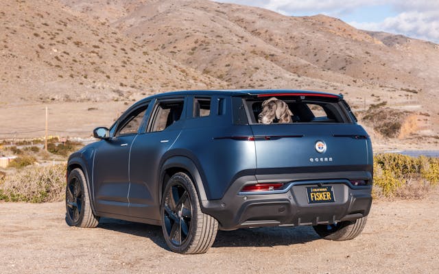 Fisker Ocean Big Sur Blue Matte in Leo Carrilo Beach; California Mode; Dog