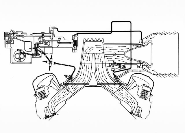 illustration of the 1957 fuel injection system shows the air flow through the venturis