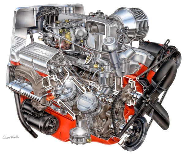 cutaway illustration of the fuel-injected 283 horsepower 193 cu.in. 1957 Corvette engine