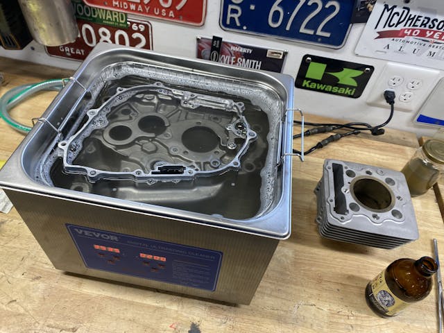 ultrasonic cleaner with motorcycle case half inside
