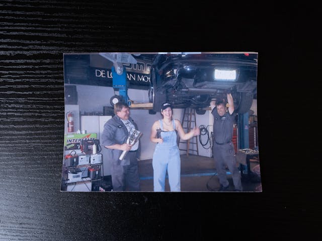 Kat DeLorean in the garage vintage photo