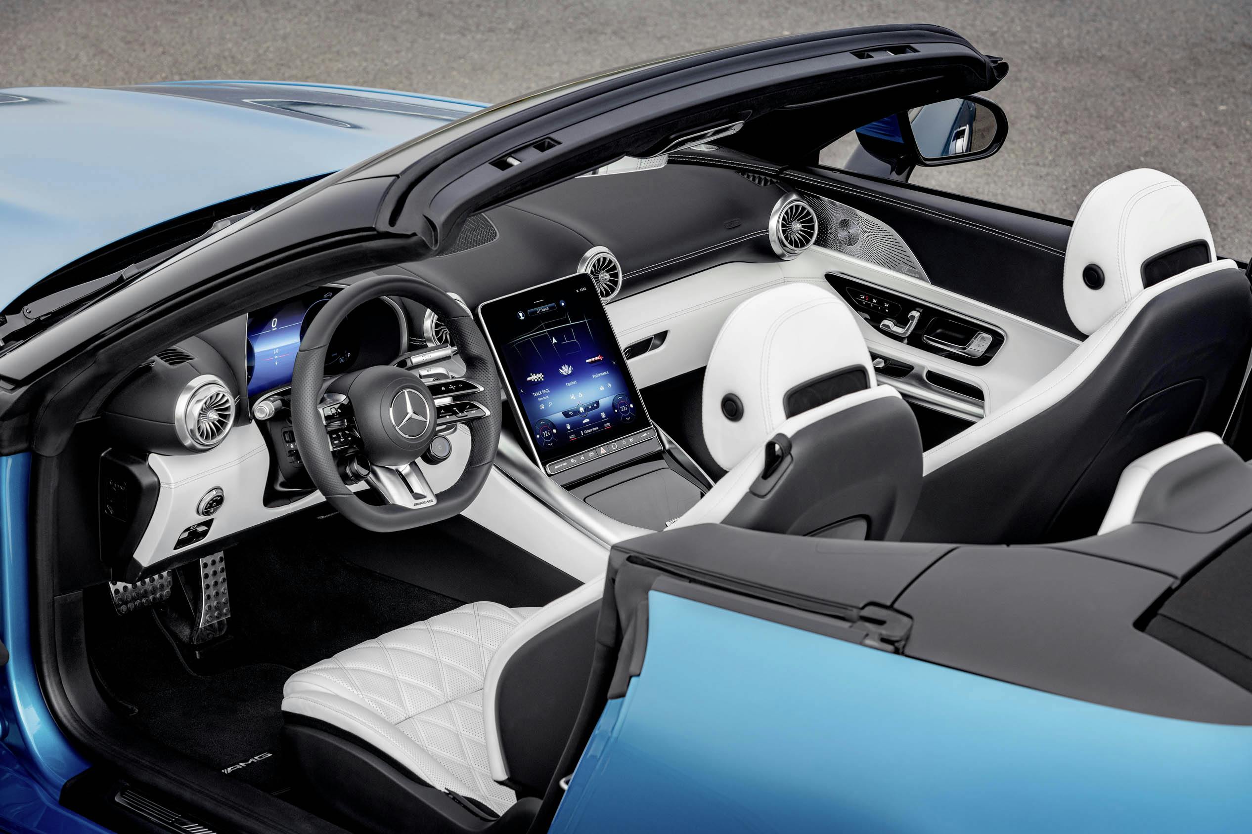 Mercedes-AMG SL 43 interior front cabin area from outside car