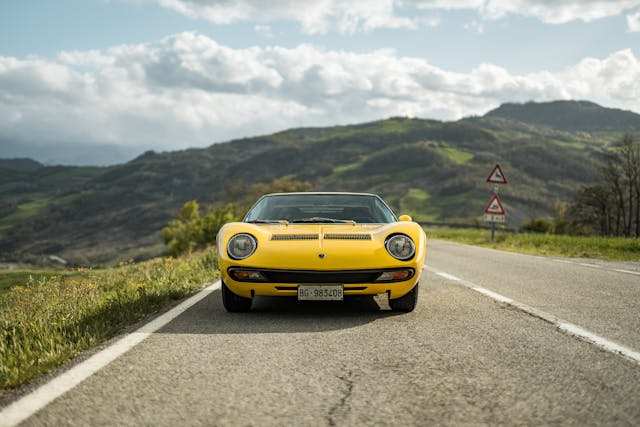 1973 Lamborghini Miura SV tracking front 2