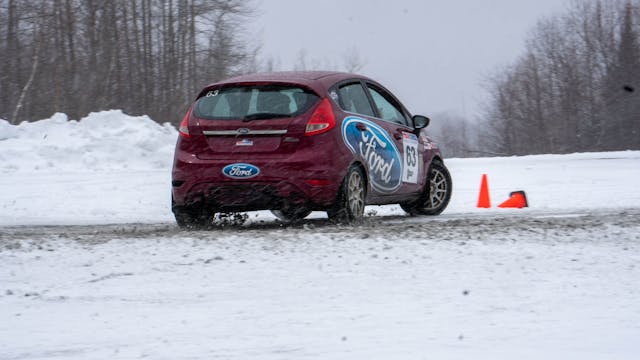 Team O'Neil rally school Ford Fiesta rear three quarter in the snow