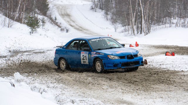 Team O'Neil rally school Subaru Impreza snowy slalom front three quarter