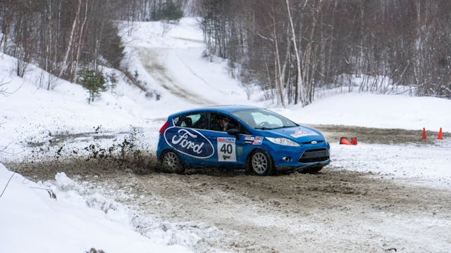 Team O'Neil rally school Ford Fiesta snowy slalom front three quarter