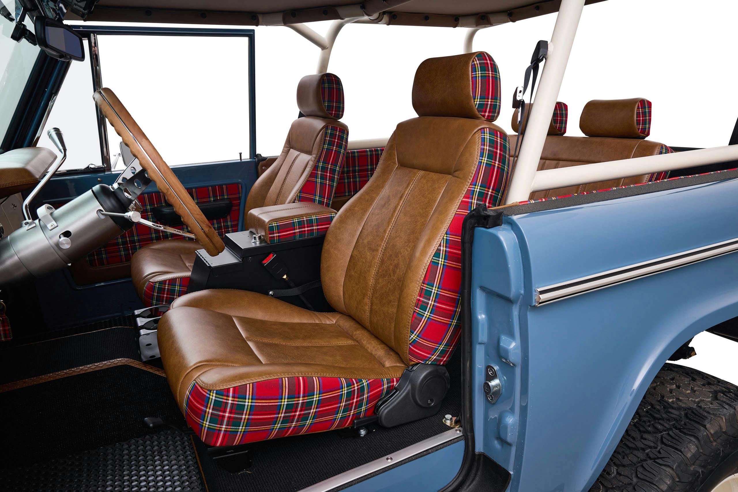 1973 Ford Bronco restomod Charles Schwab Challenge interior front seats and steering wheel