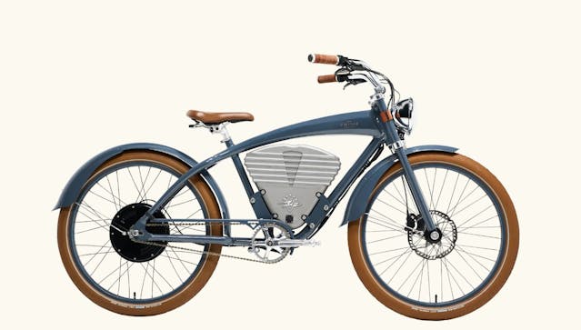 side profile of a Tracker Classic Vintage Electric Bike in blue