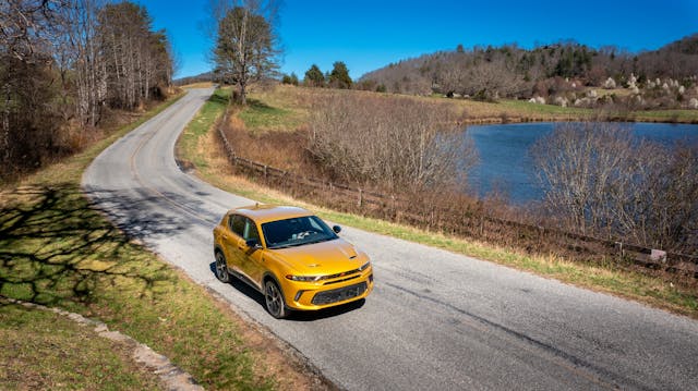 2023 Dodge Hornet GT in Acapulco Gold high angle wide