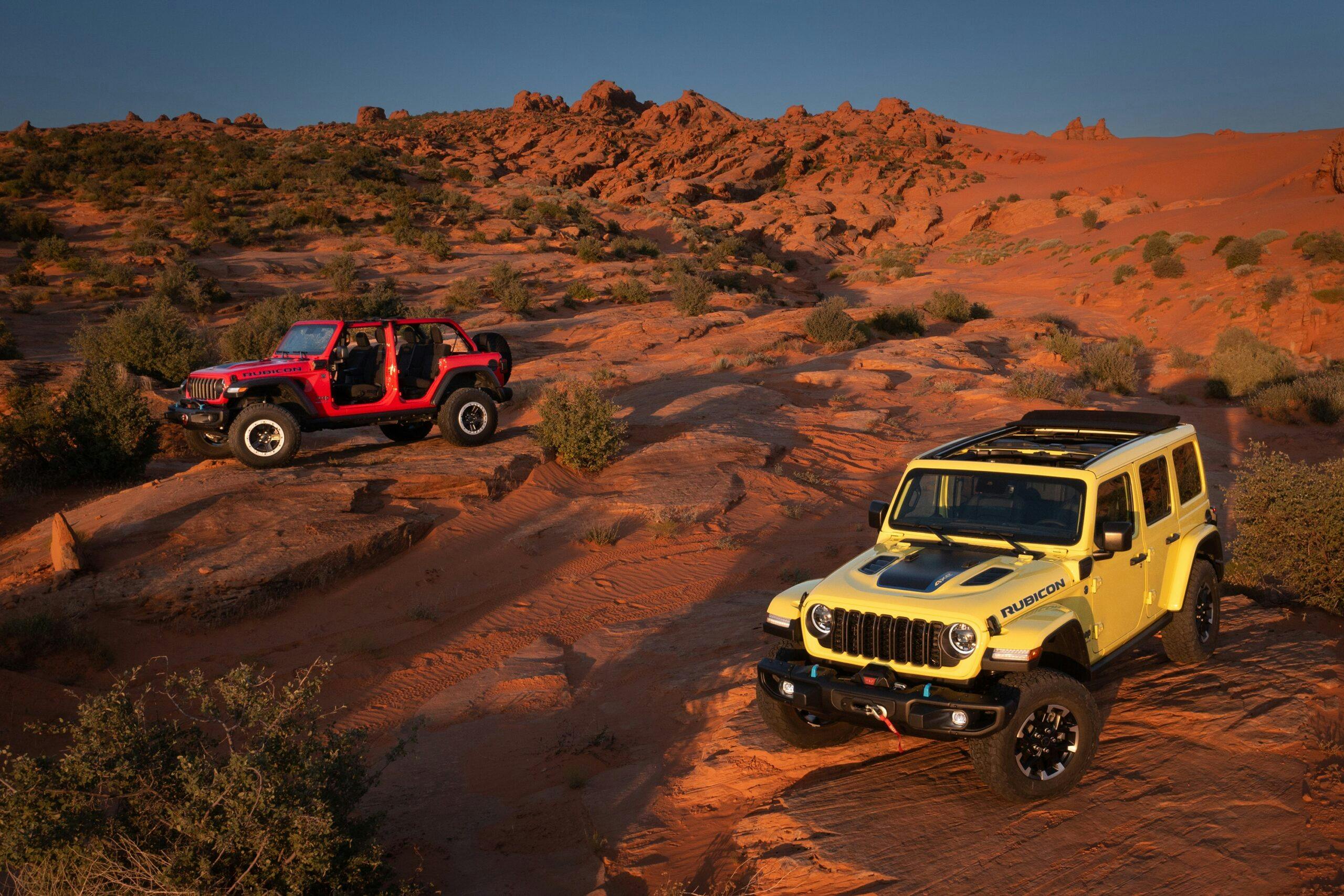 2024 Jeep Wrangler Rubicon 4xe exterior red and yellow on rocks