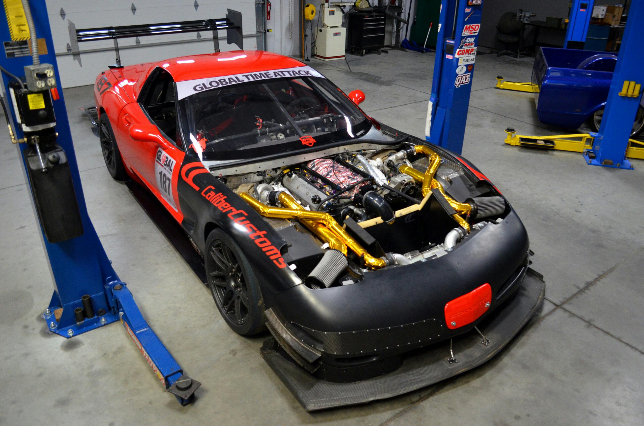 Global Time Attack C5 Racing Corvette front three quarter action high angle engine