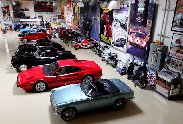 Vintage cars and motorcycles at Jay Leno's Garage in Burbank high angle