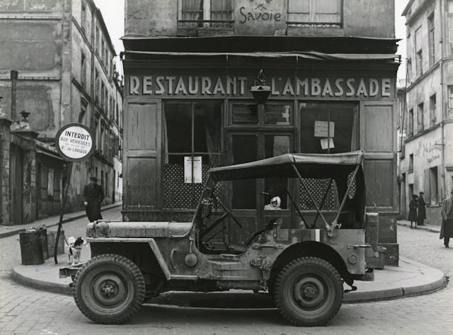 US Army Jeep in front of The Ambassador Restaurant in Paris after liberation