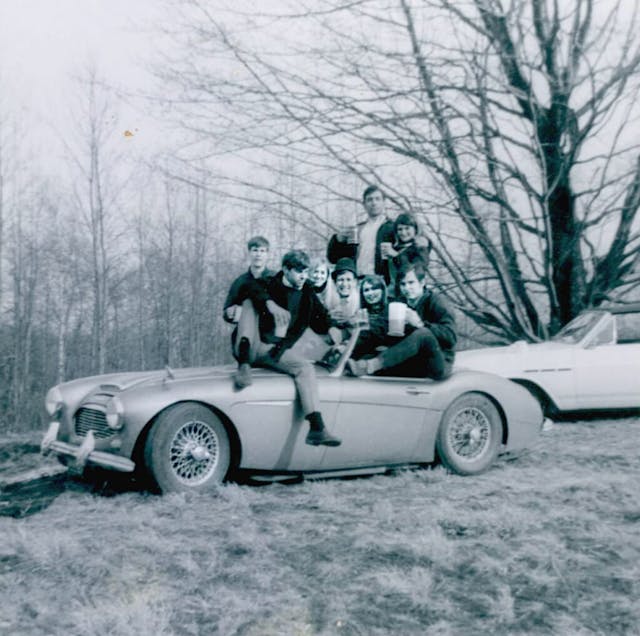 Ken, Susie, the Austin Healey 100-6 and their Ferris State pals at a Grasser Party somewhere in rural Michigan, 1967
