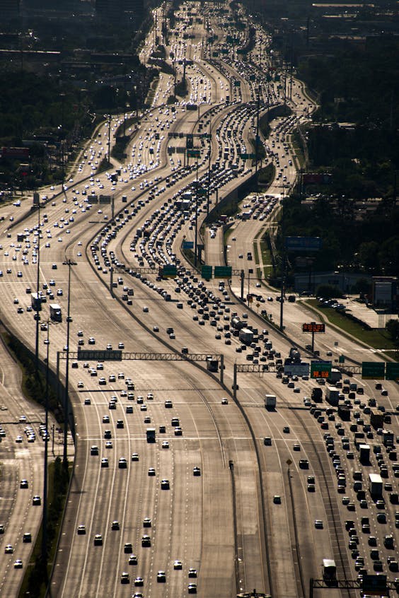 Traffic on the IH-10 Katy Freeway viewed facing west near Loop 610