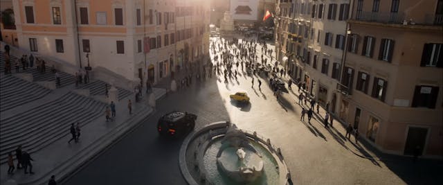 Mission Impossible yellow fiat 500 aerial view stunt
