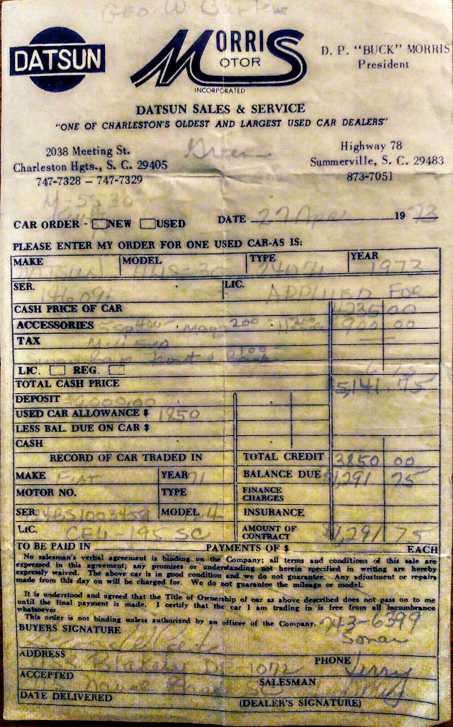Original owner 240Z Carter bill of sale