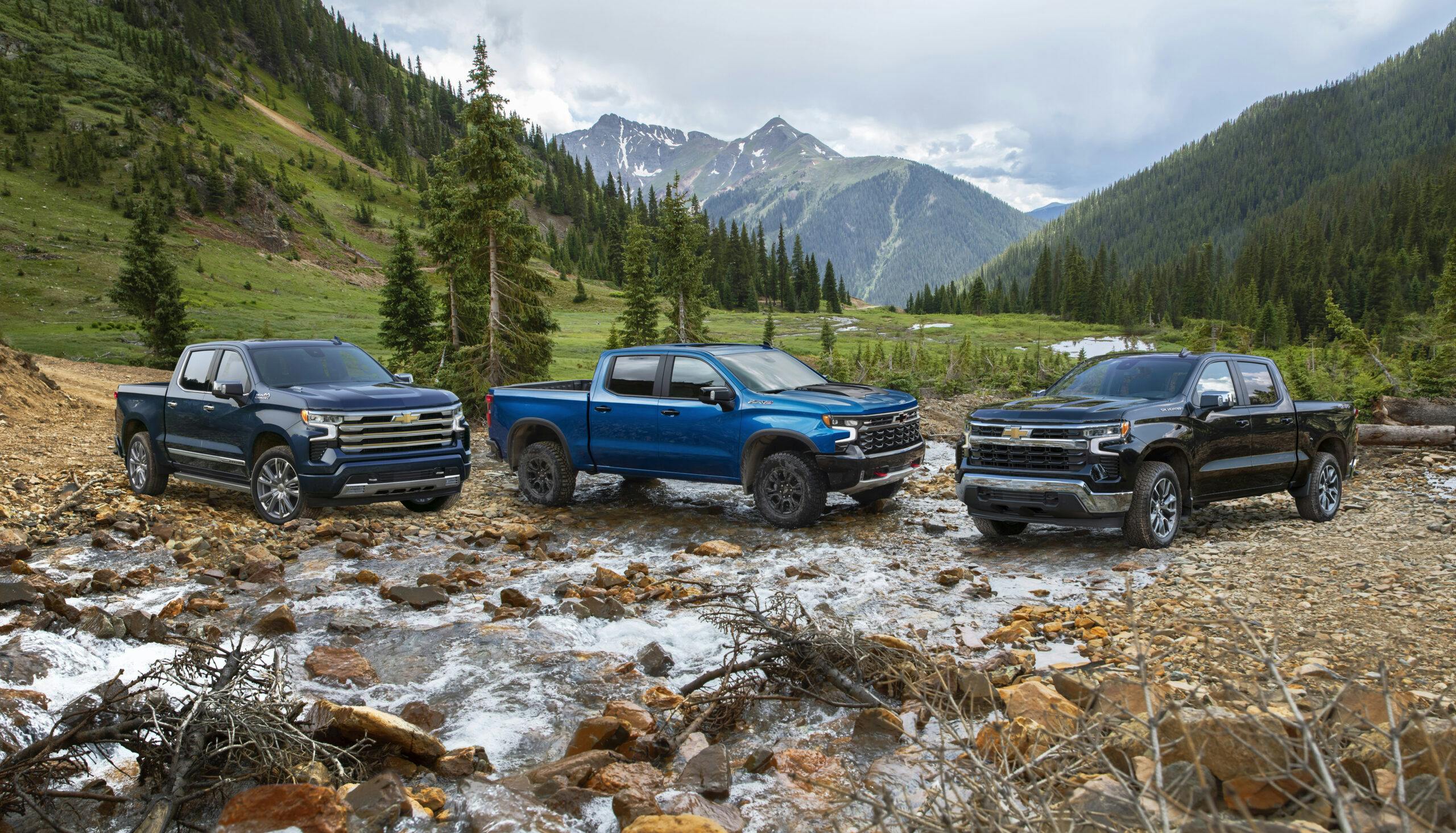 2023 Chevrolet Silverado 1500 High Country (left), ZR2 (middle) and LT