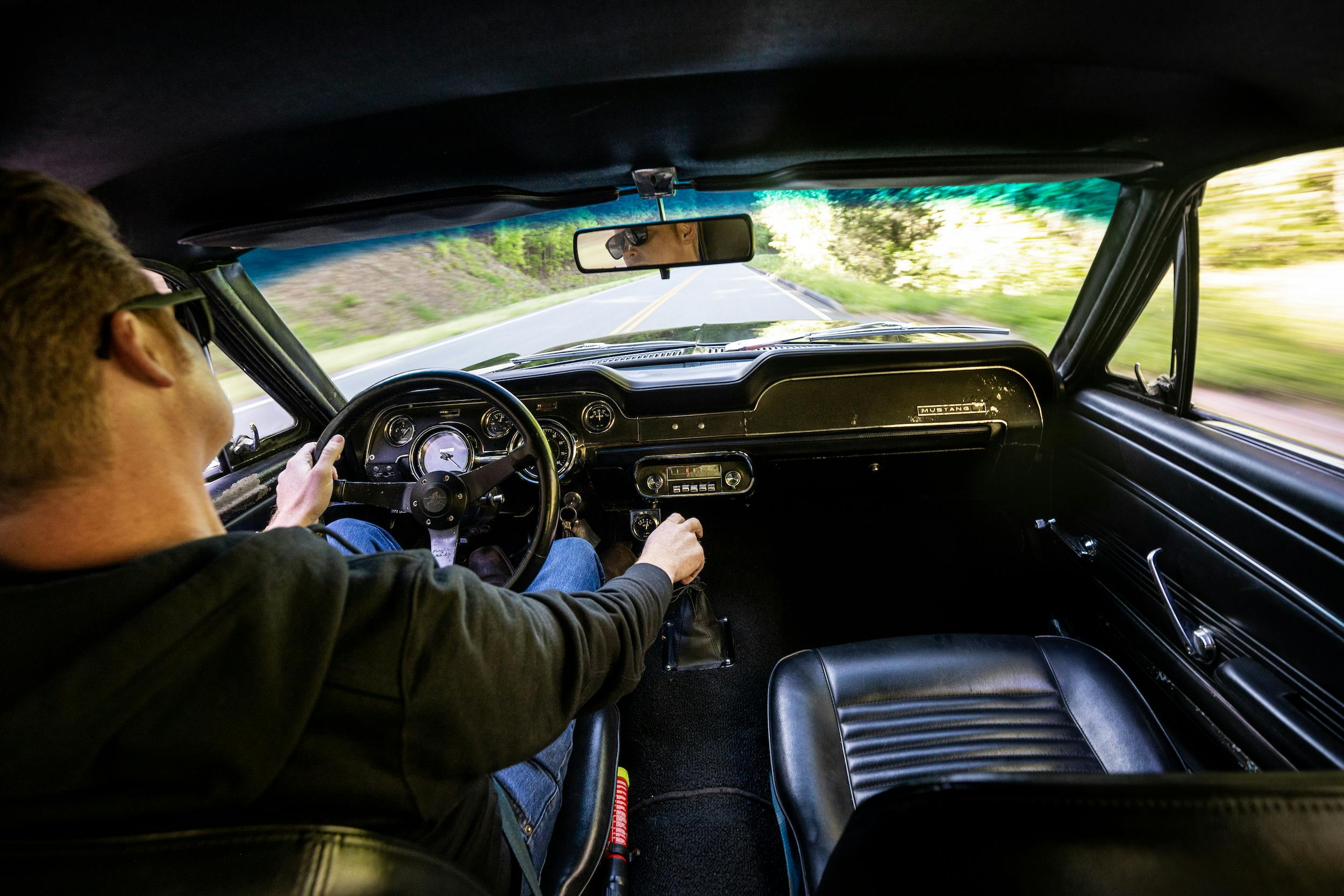 Crustang Ford Mustang Patina car action driving pan driver interior