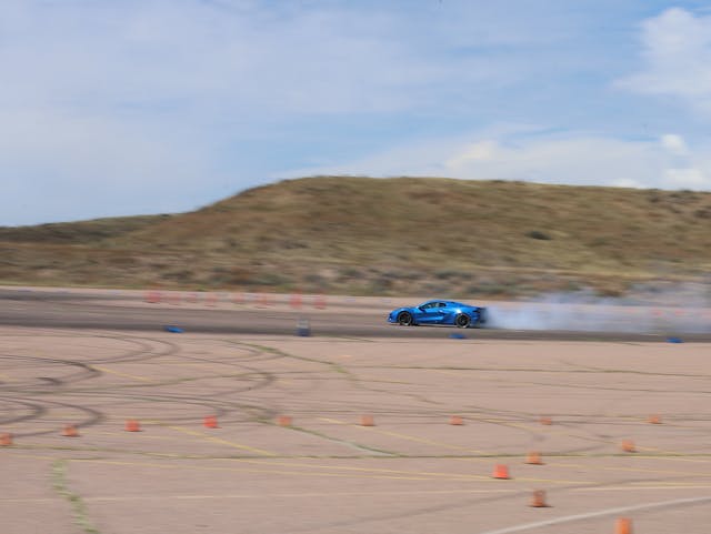 Corvette E-Ray track action blue tire smoke