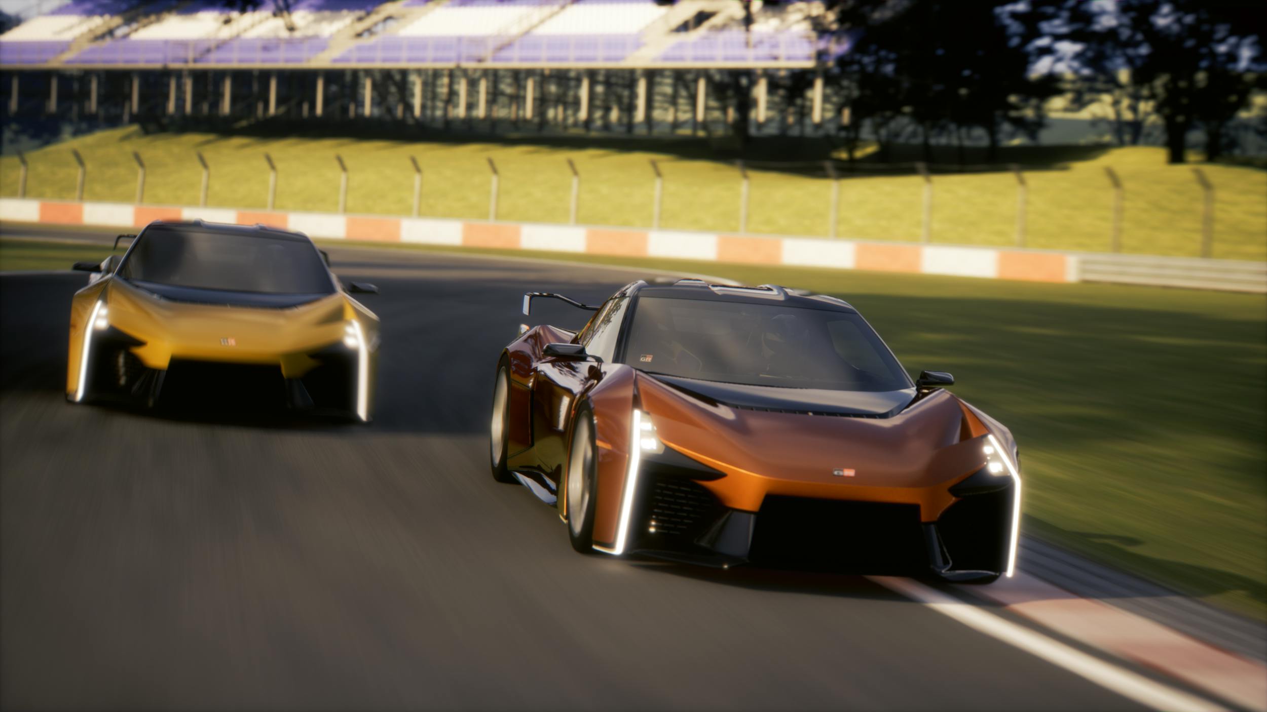 Toyota FT-Se sports car concept exterior orange and yellow cars on track front end rendering