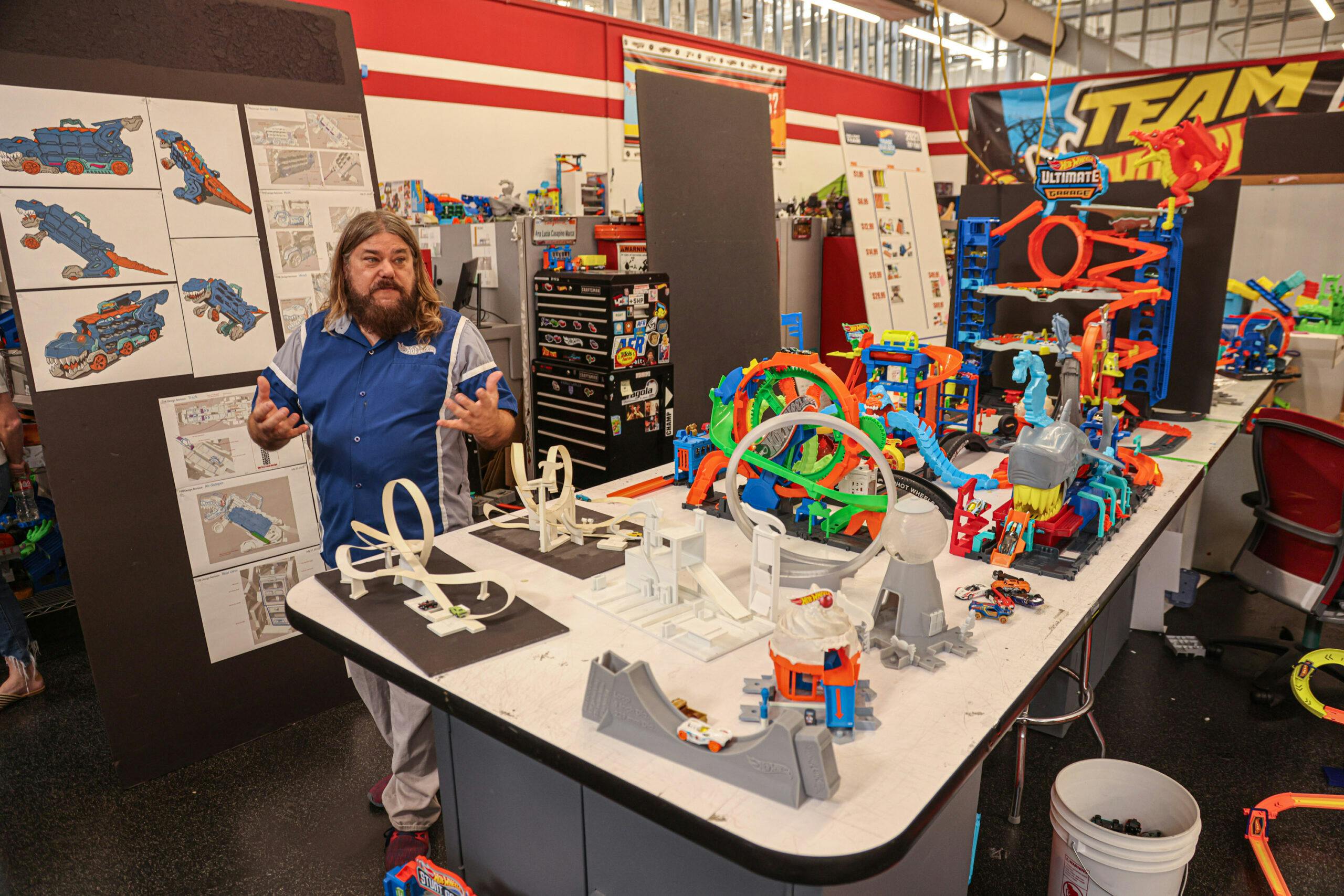 Toy trucks on display at Mattel Design Center, in El Segundo, will