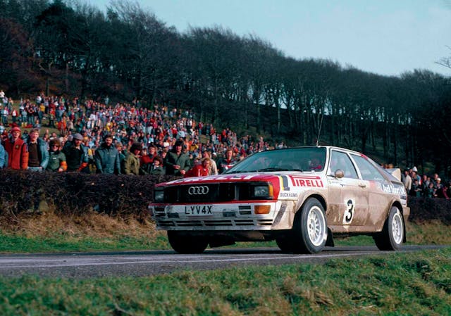 Audi rally car action front three quarter