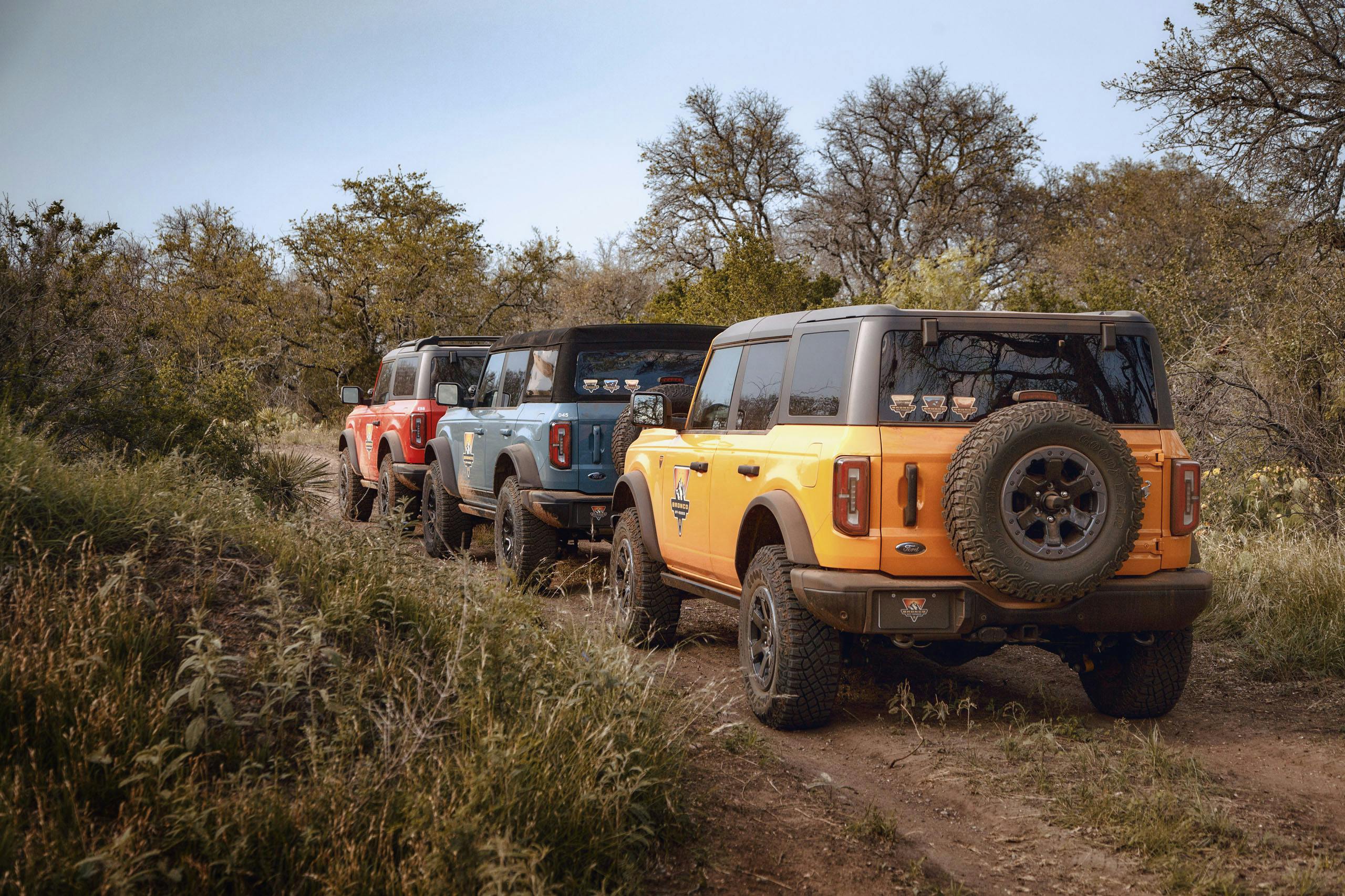 Ford Bronco Off-Roadeo three Broncos on the trail