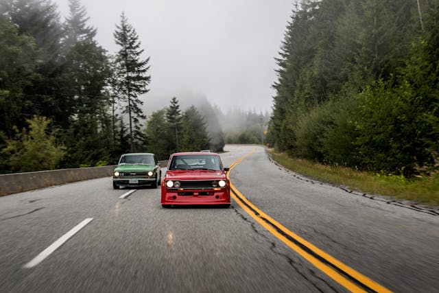 Datsun 510 cars driving action on Canadian Pacific Northwest road
