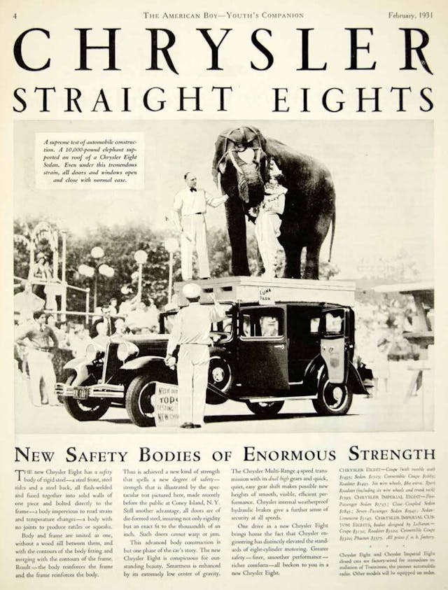 Elephant Standing Atop Chrysler Imperial Ad