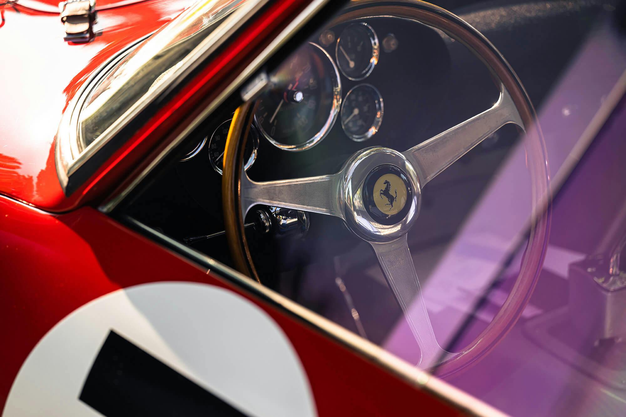 Ferrari 330LM 250 GTO interior steering wheel through glass