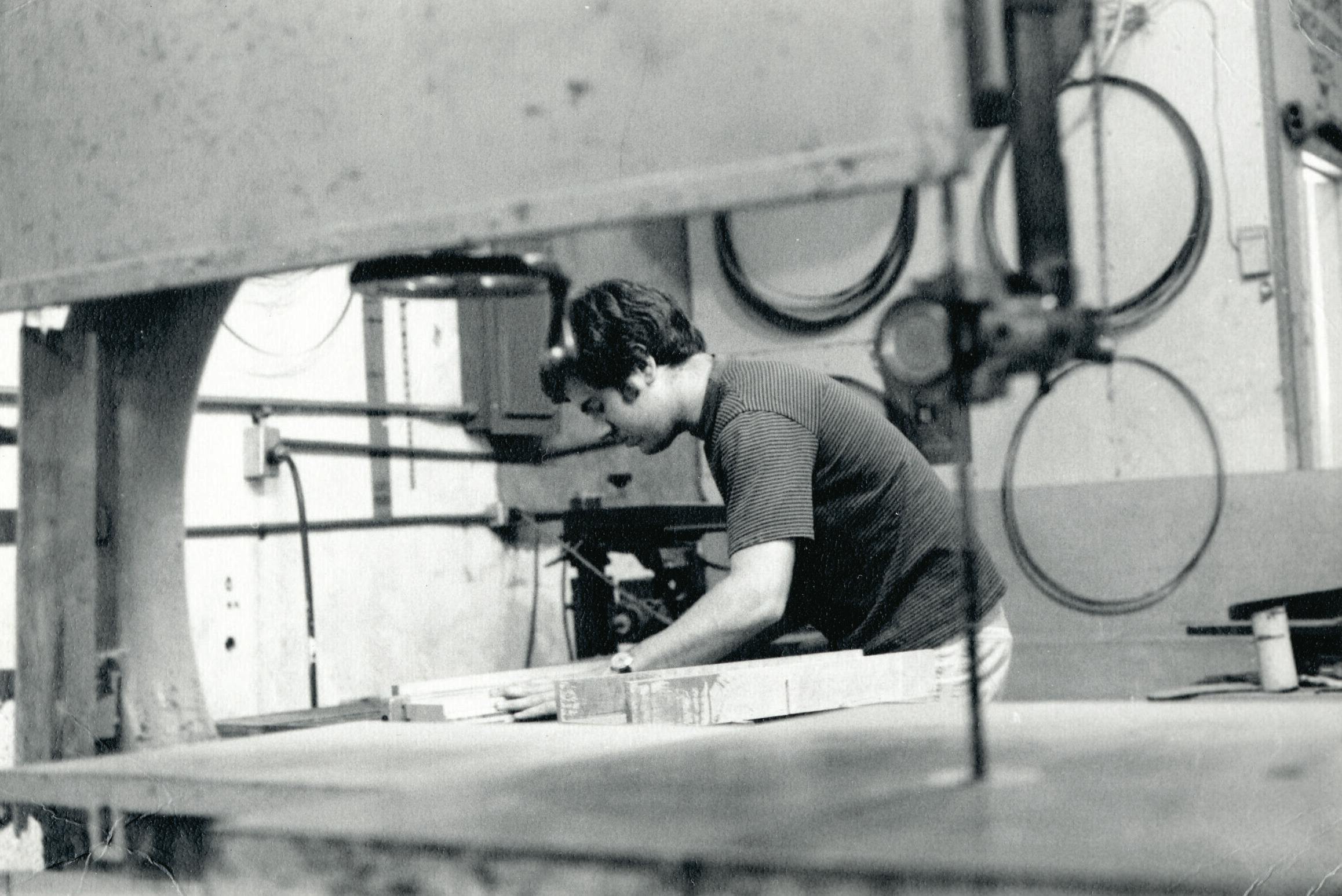 Taylor Guitars co-founder Kurt Listug working in the wood shop in 1975