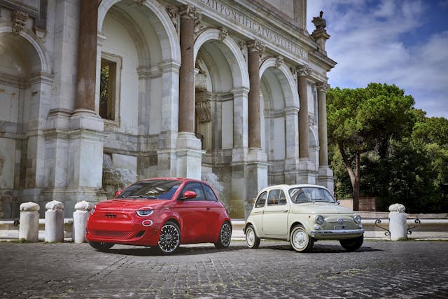 2024 Fiat 500e (RED) and classic Fiat 500