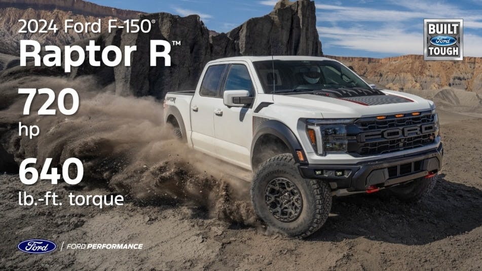 2024 Ford Raptor R exterior front three quarter in desert with release text on picture