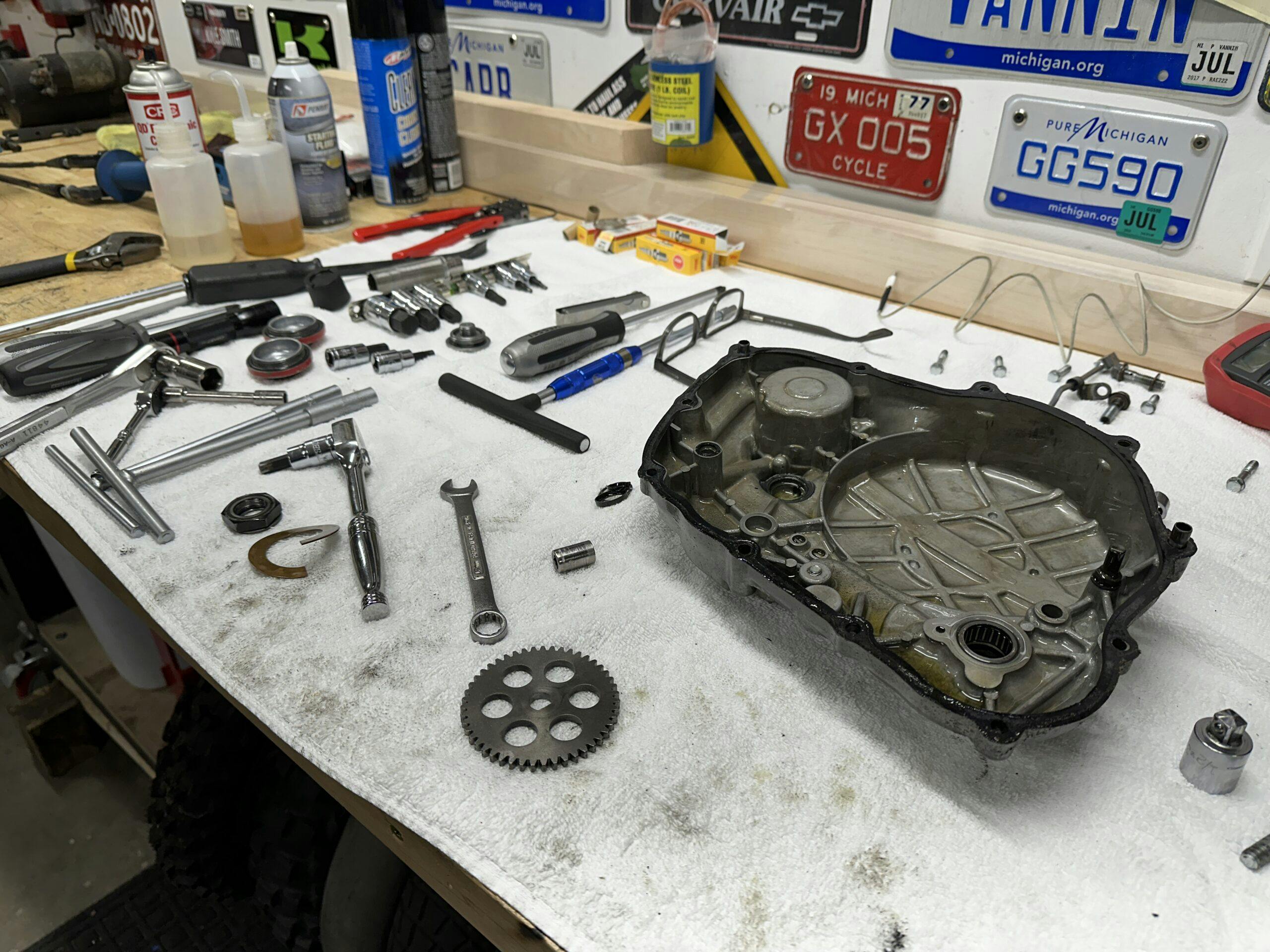 Honda XR600R engine parts on bench