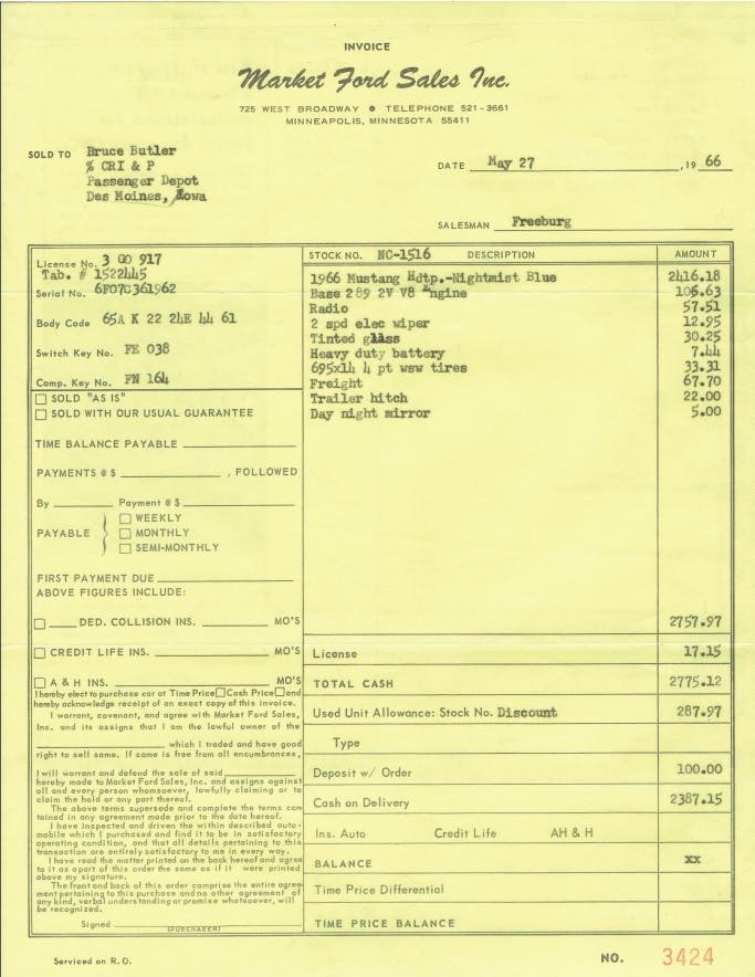 1966 Ford Mustang dealer invoice