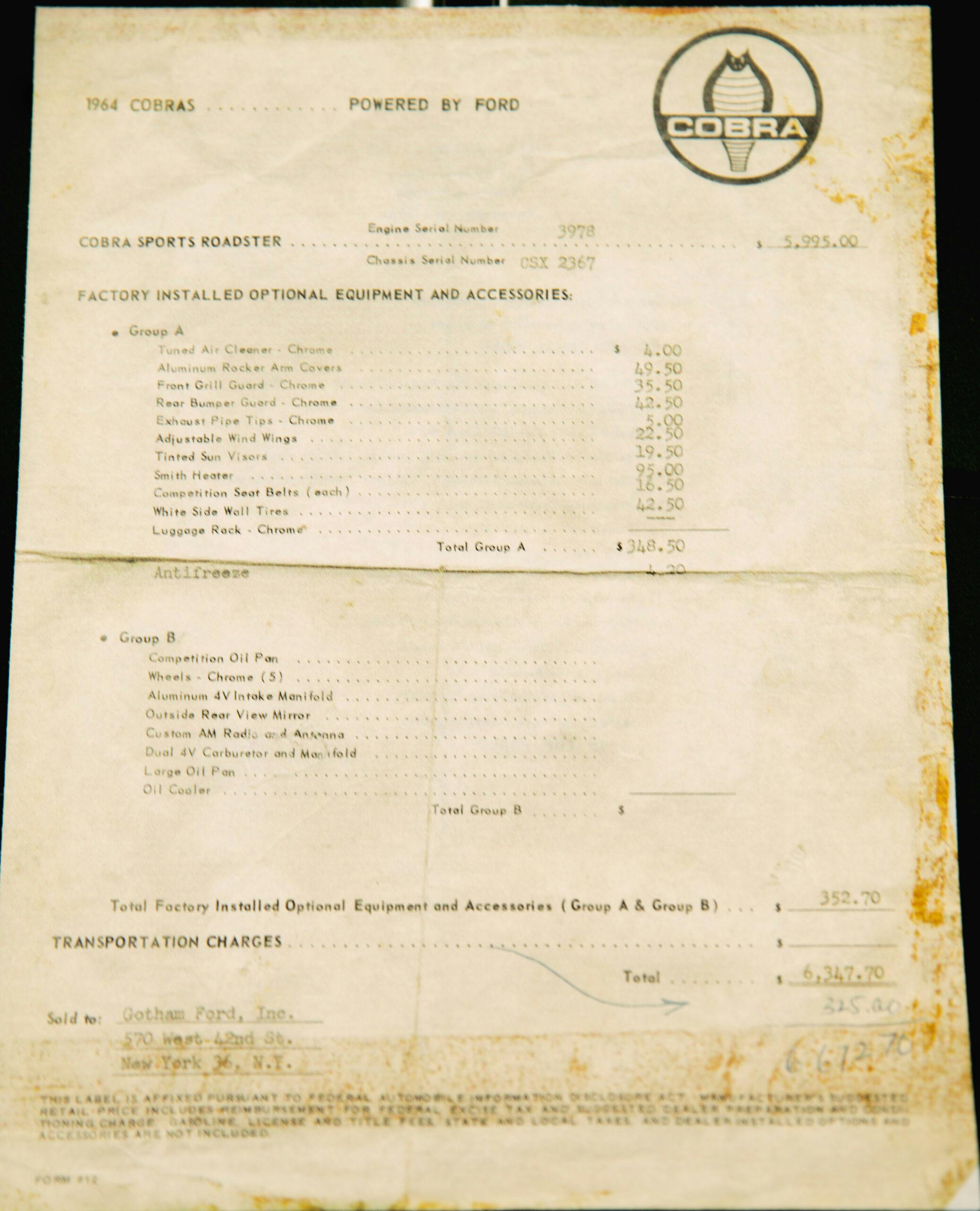 1964 Shelby Cobra paperwork