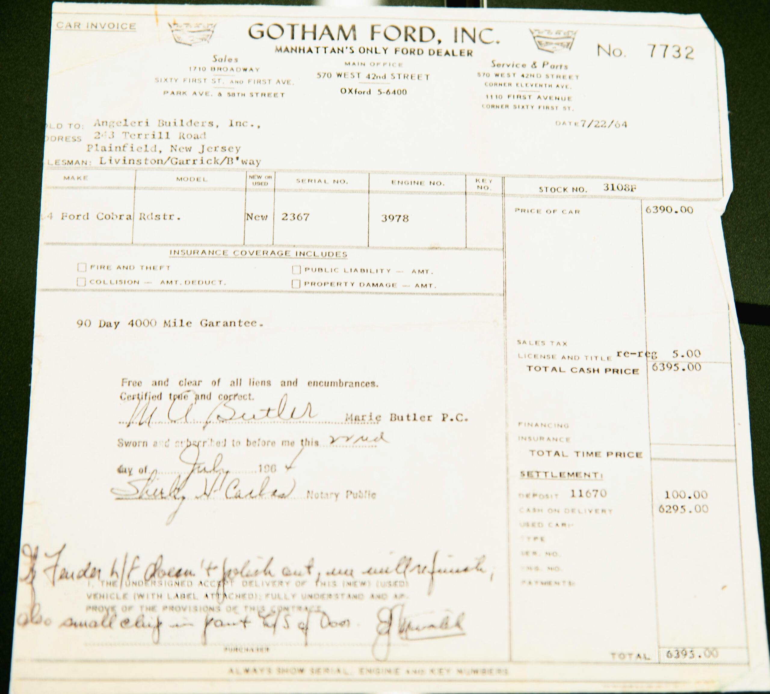 1964 Shelby Cobra dealer document