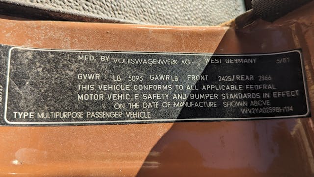 1981 Volkswagen Vanagon info plate