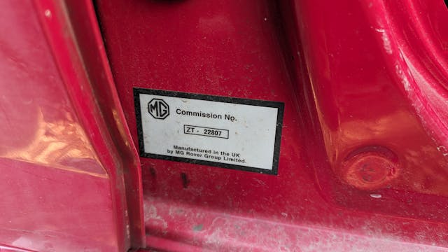 2005 MG ZT 190 manufacturing sticker detail
