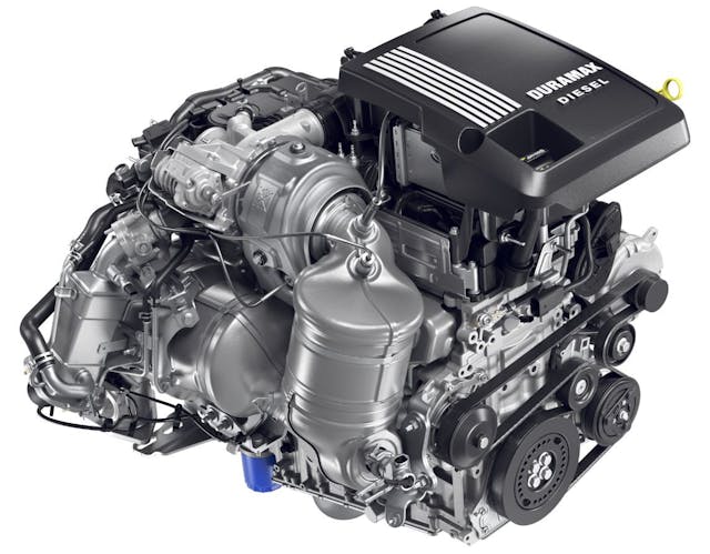Front right view of refined second-generation 3.0L inline-six turbo-diesel Duramax.
